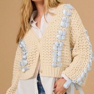 Altar'd State Cream Cardigan with Blue Satin Ribbons XS NWT